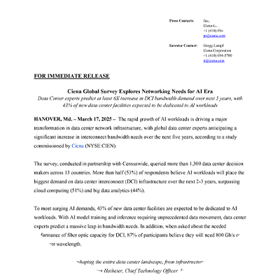 Ciena Global Survey Explores Networking Needs for AI Era